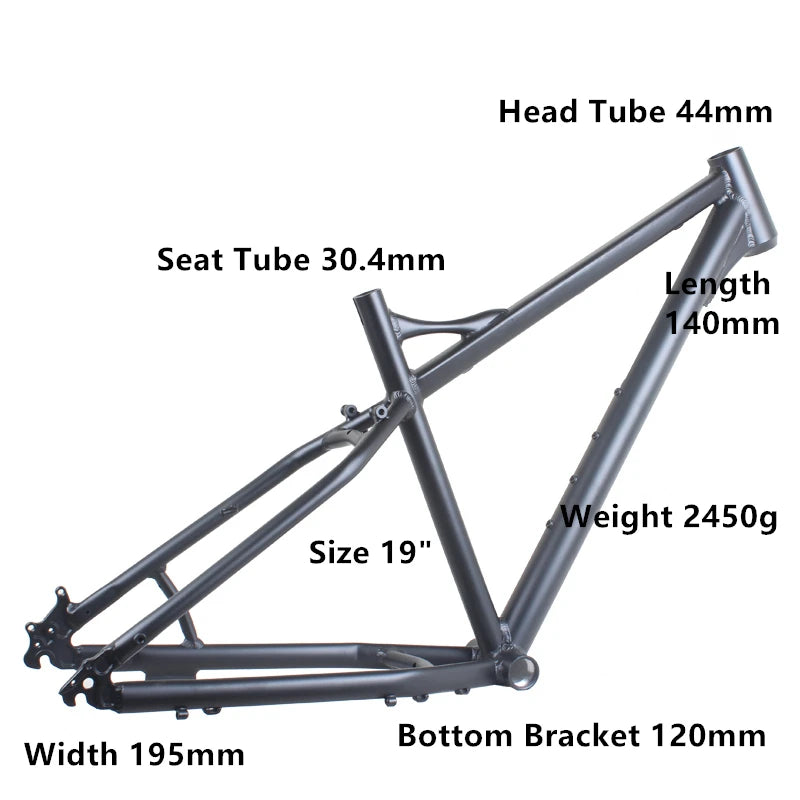 26" Aluminum Fat Tire Bike Frame for 4.0-4.9 Tires, 2450g, with 30.4mm Seat Post