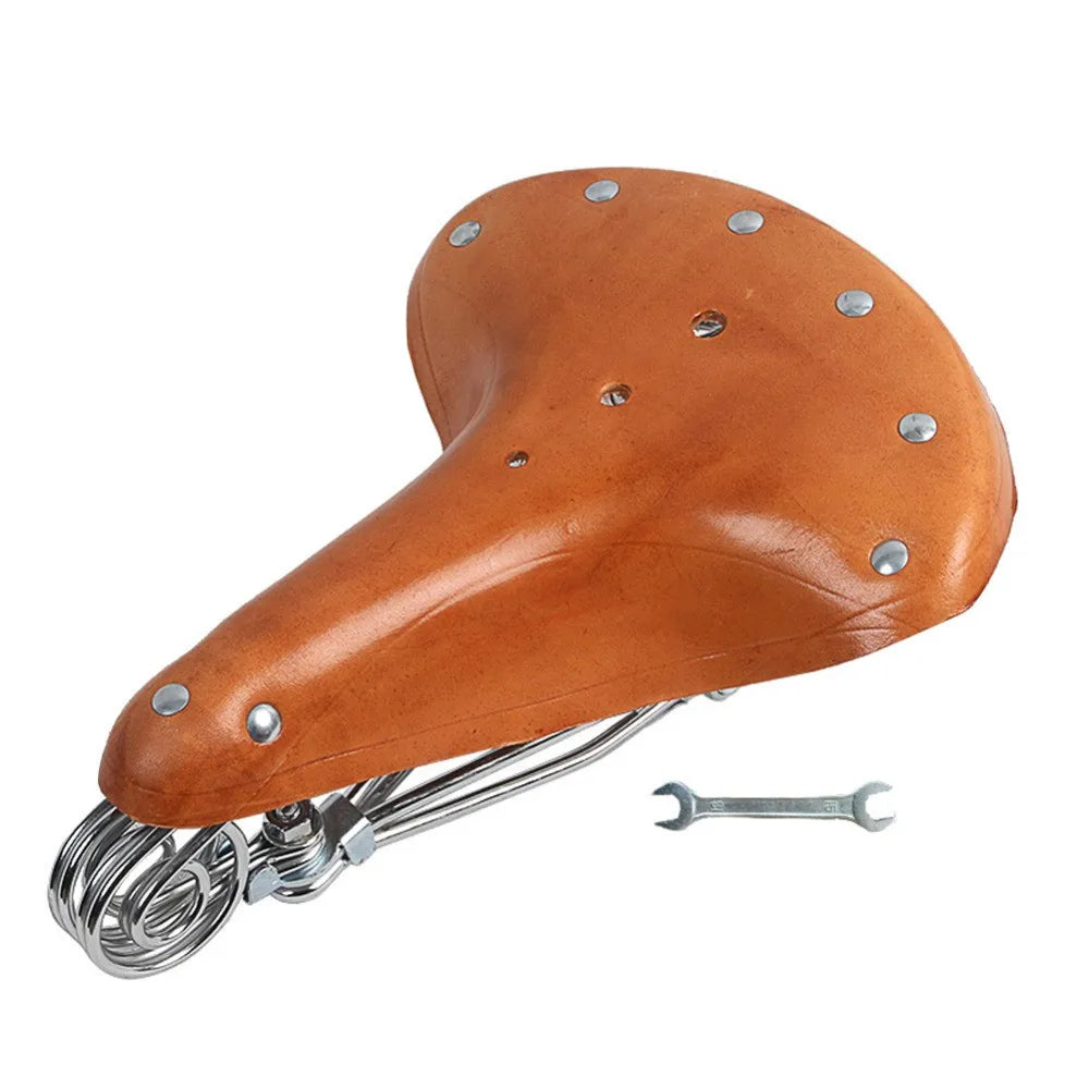 Cow Leather Retro Riveted Leisure Bicycle Saddle