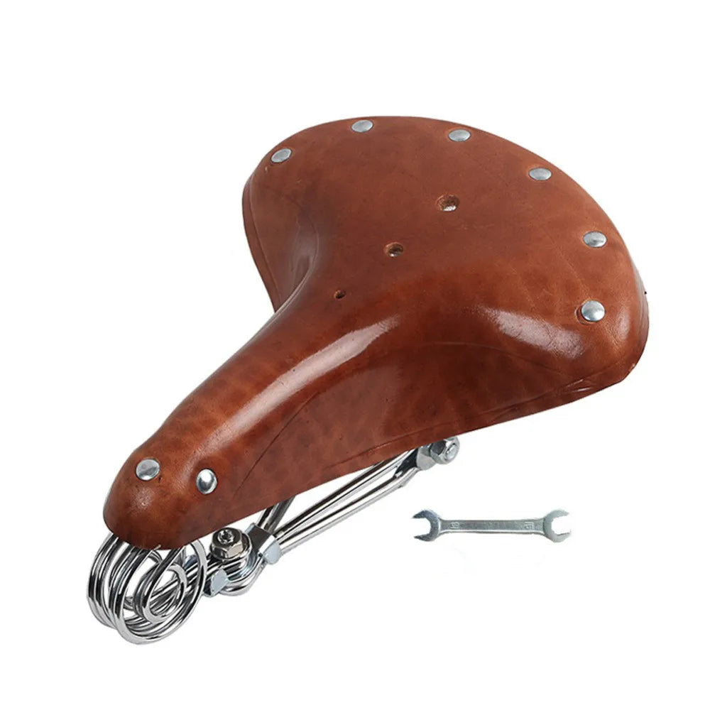 Cow Leather Retro Riveted Leisure Bicycle Saddle